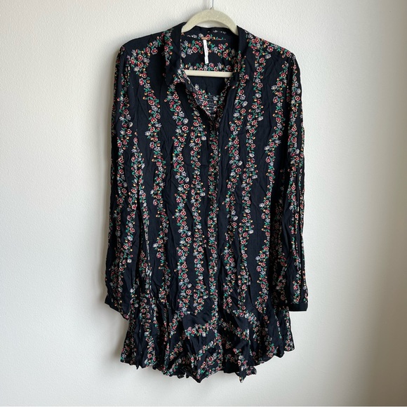 Free People Floral Black Long Sleeve Button Down Mini Dress, Size M - Picture 5 of 10